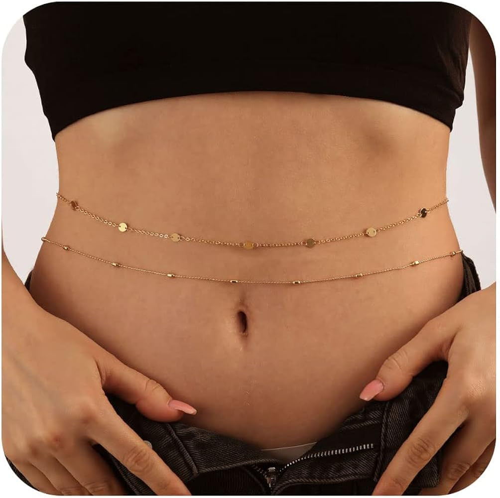 Honsny 2PCS 25-43Inch 18K Gold Plated Waist Chain Minimalist Pearl Belly Body Chain Gold Layered ... | Amazon (US)