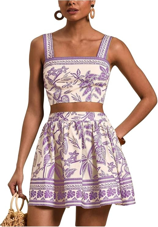 Floerns Women's Two Piece Outfit Tropical Crop Cami Top and Summer Skirts Set | Amazon (US)