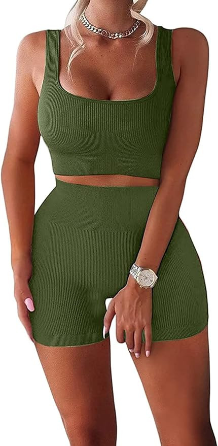 Workout Sets for Women 2 Piece Seamless Ribbed Crop Tank High Waist Shorts Yoga Outfits | Amazon (US)