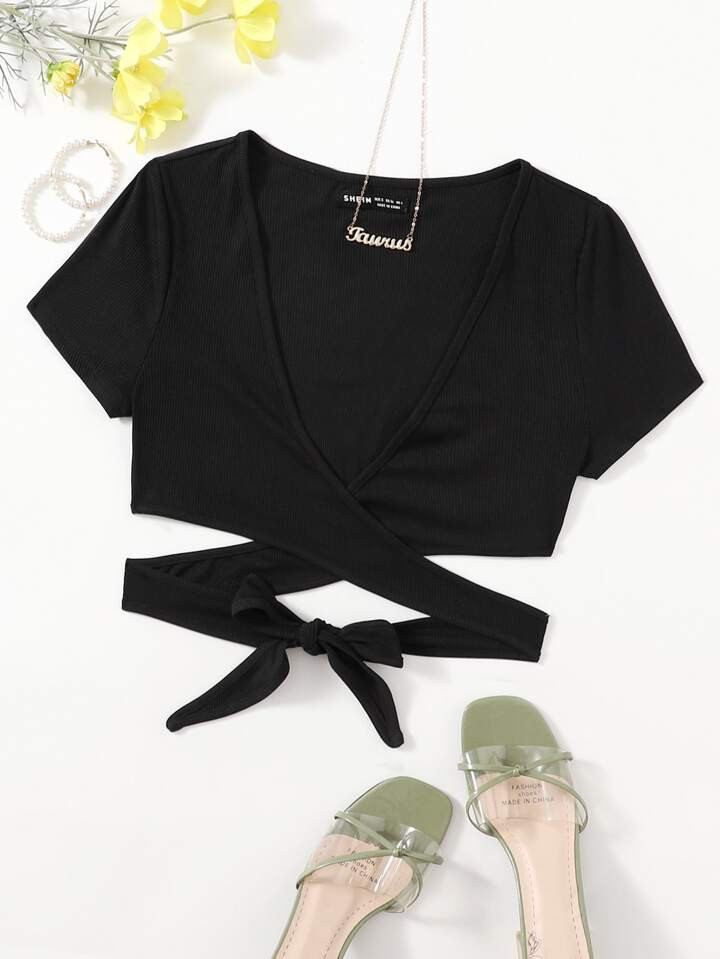 SHEIN Privé Plunging Neck Wrap Cross Tie Back Crop Top | SHEIN