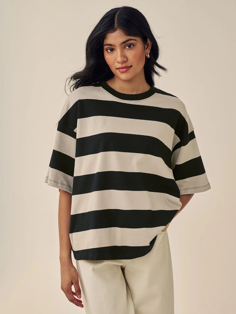 Stone Neutral Stripe Oversized Relaxed Fit Boxy Heavyweight Crew Neck T-Shirt | Next US
