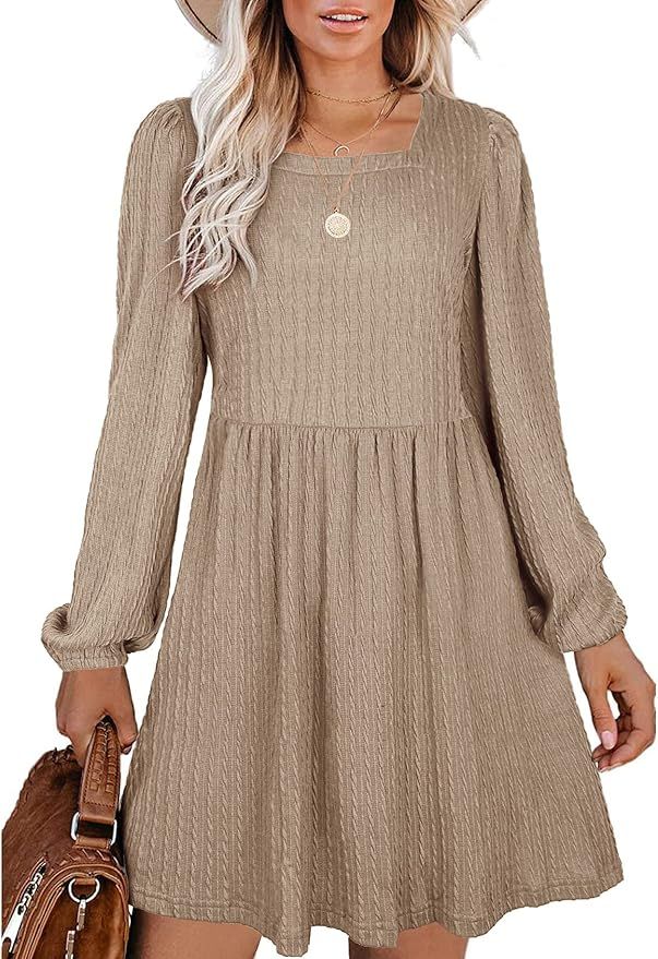 Amazon.com: Winter Dress for Women 2022 Casual Square Neck Babydoll Dresses Cream S : Clothing, S... | Amazon (US)