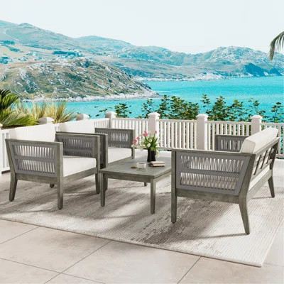 4-Pieces Acacia Wood Patio Furniture Set, Outdoor Furniture With Coffee Table, Patio Conversation Set Deep Seating With Soft Cushion, Porch Chairs For | Wayfair North America