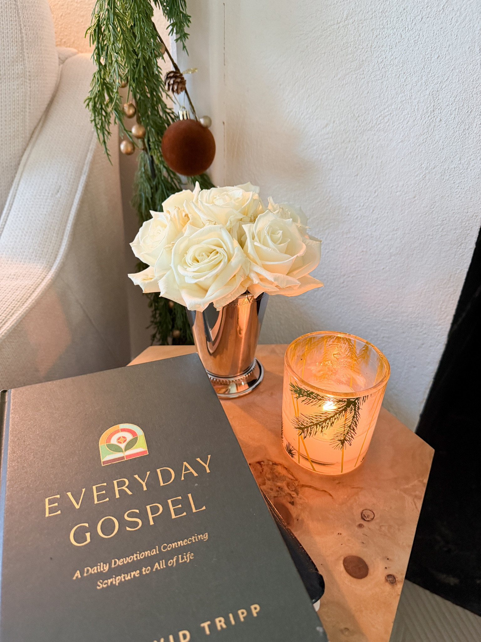 My reading nook in our bedroom! Love these mint julep cups I use as vases!