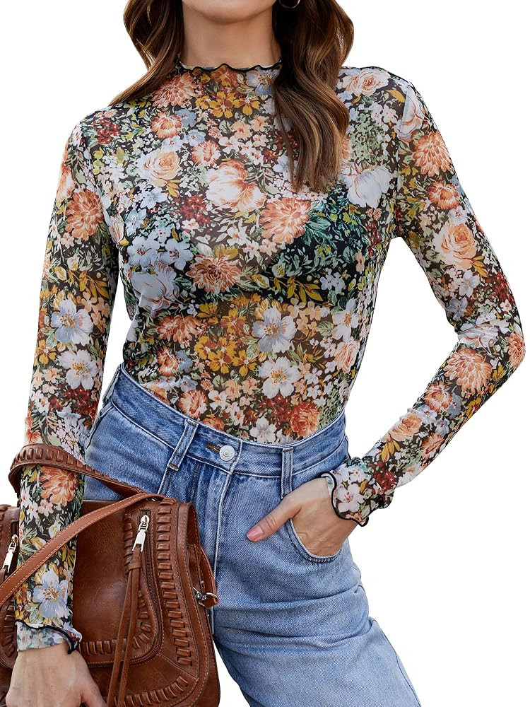 Womens Lace Long Sleeve Mesh Top Mock Neck Sheer Blouse See Through Floral Layering Shirt | Amazon (US)
