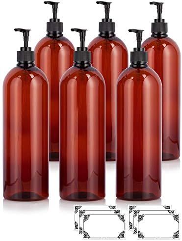 Amber 32 oz Large Boston Round PET Bottles (BPA Free) with Black Lotion Pump (6 pack) + Labels | Amazon (US)