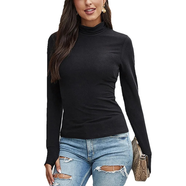 Ladies Basic Turtleneck Pullover T-Shirt Autumn Casual Slim Tops Long Sleeve Bottoming Pullover S... | Walmart (US)