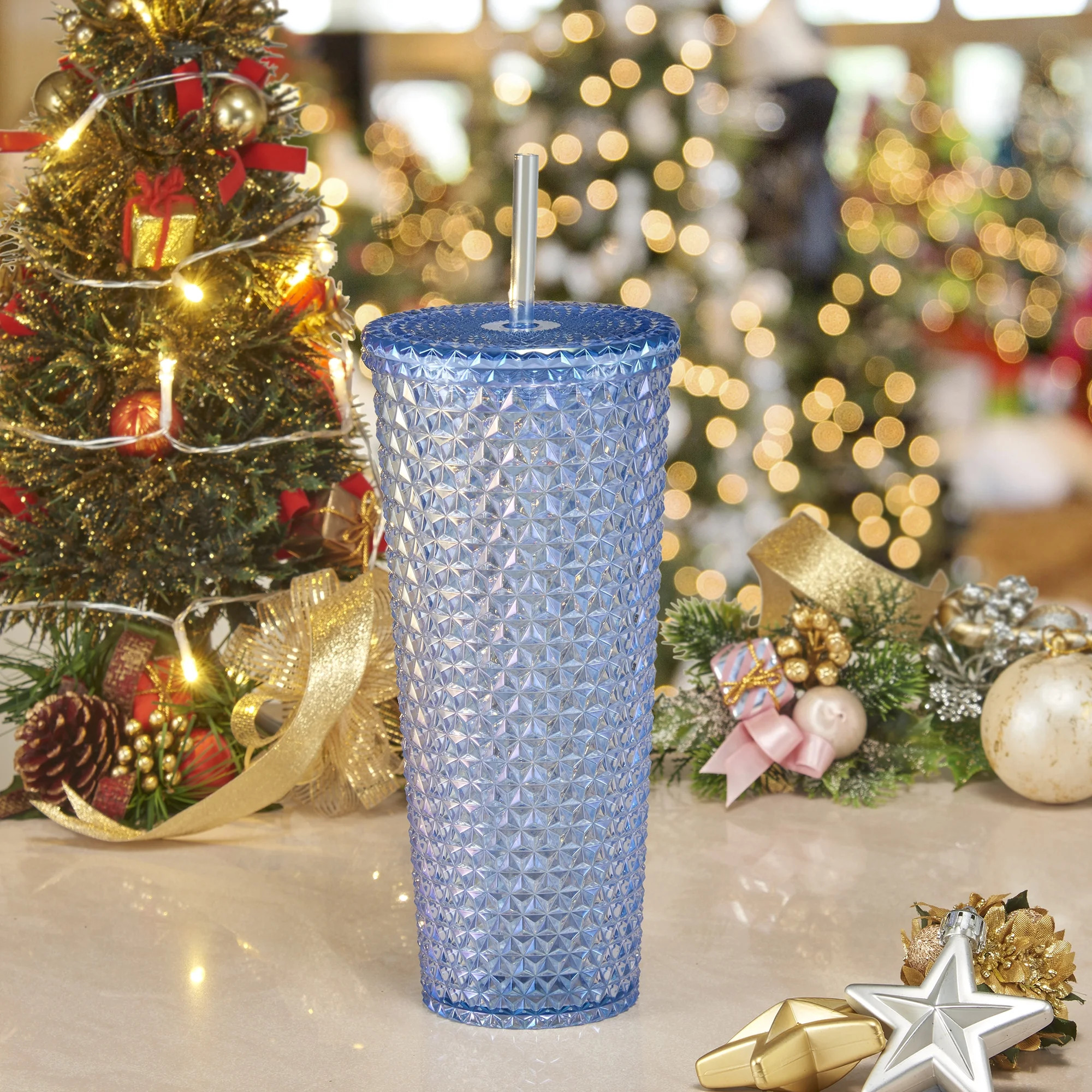 Holiday Time Christmas 26oz DW AS Plastic Textured Tumbler, Iridescent Blue | Walmart (US)