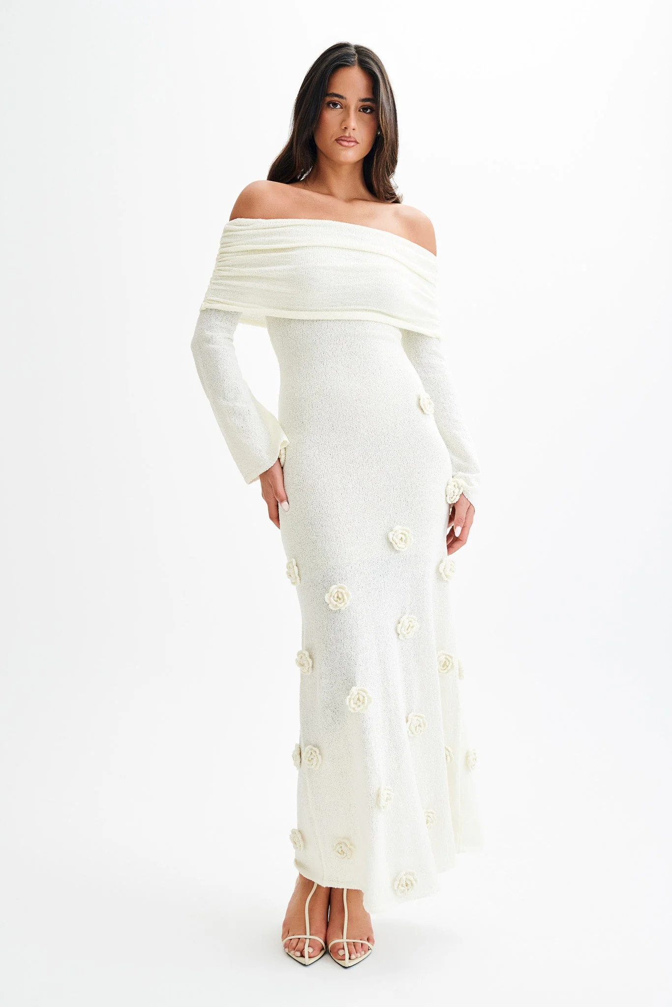 Kiki Off Shoulder Knit Rose Maxi Dress - Ivory | MESHKI US