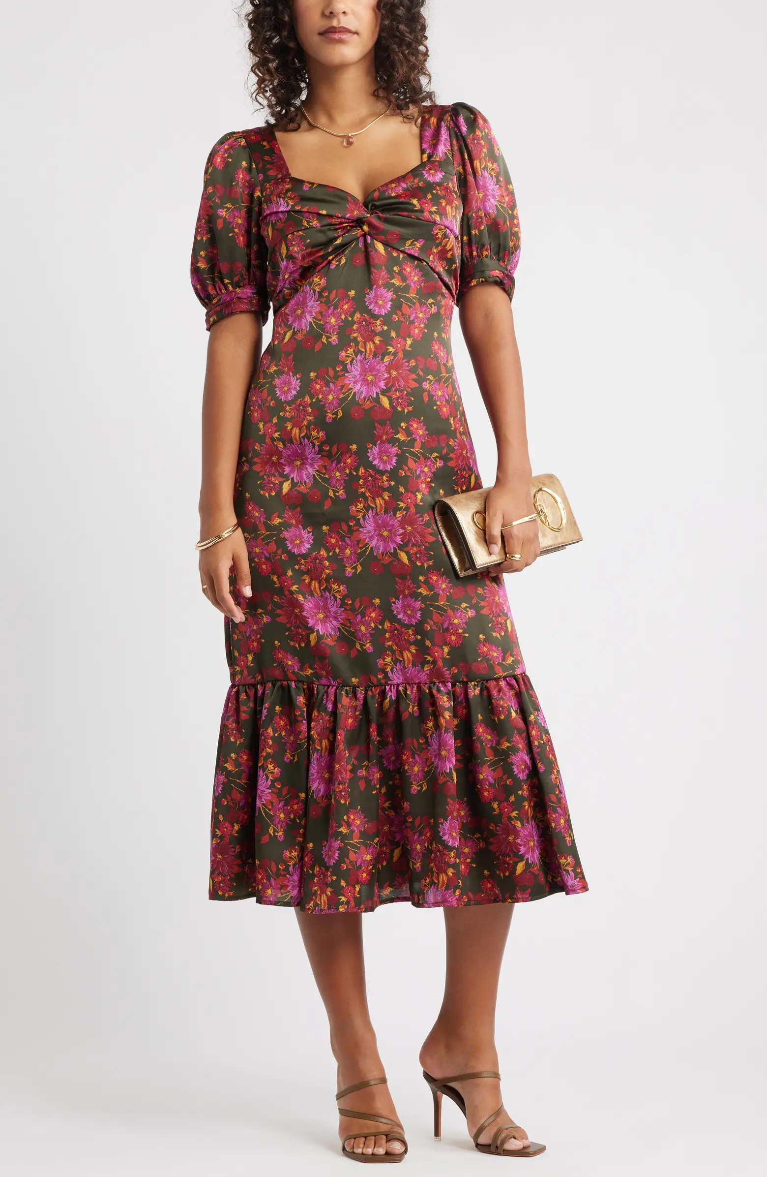 Twist Front Puff Sleeve Satin Midi Dress | Nordstrom