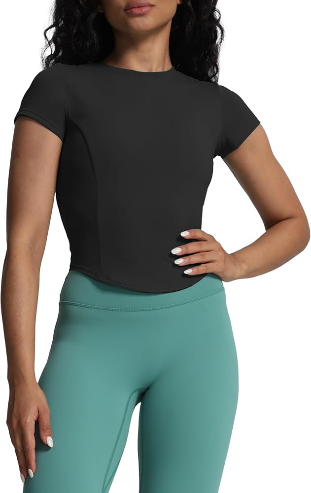 Aoxjox Women's Short Sleeve T-Shirts GEO Support Workout Gym Yoga Curve Longline Crop Top | Amazon (US)