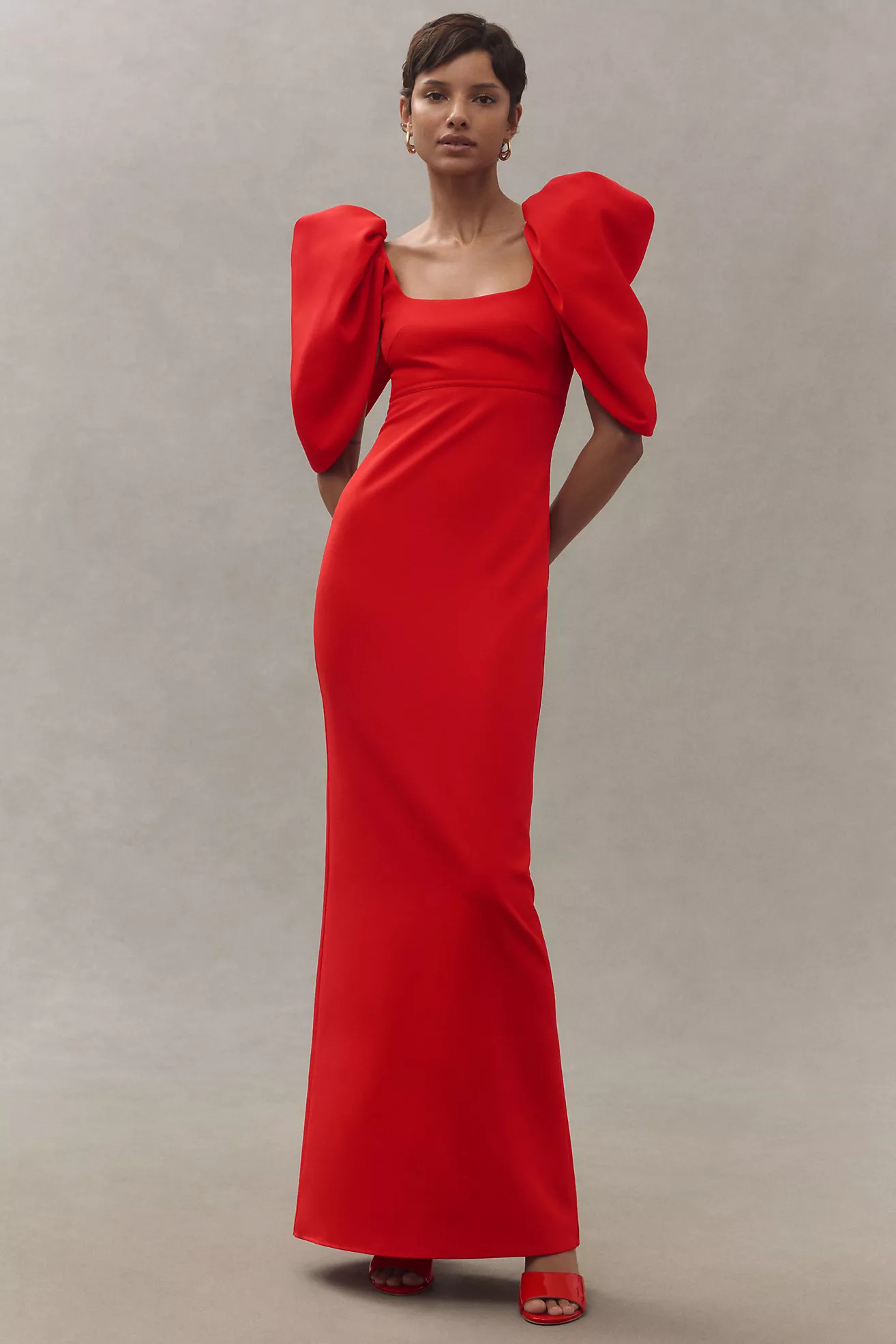 Mac Duggal Puff-Sleeve Scoop-Neck Column Crepe Maxi Dress | Anthropologie (US)