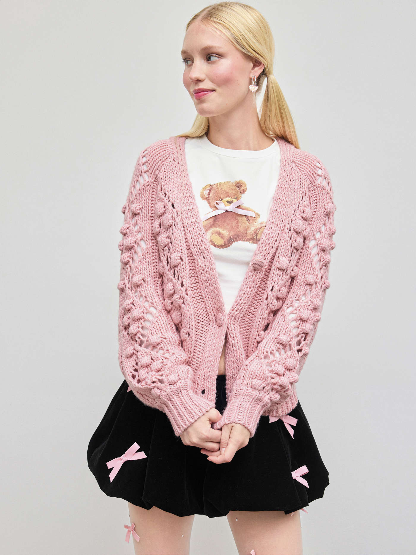 Knit Fabric Cable Knit V-neck Hollow Out Button Oversized Cardigan For School | Cider