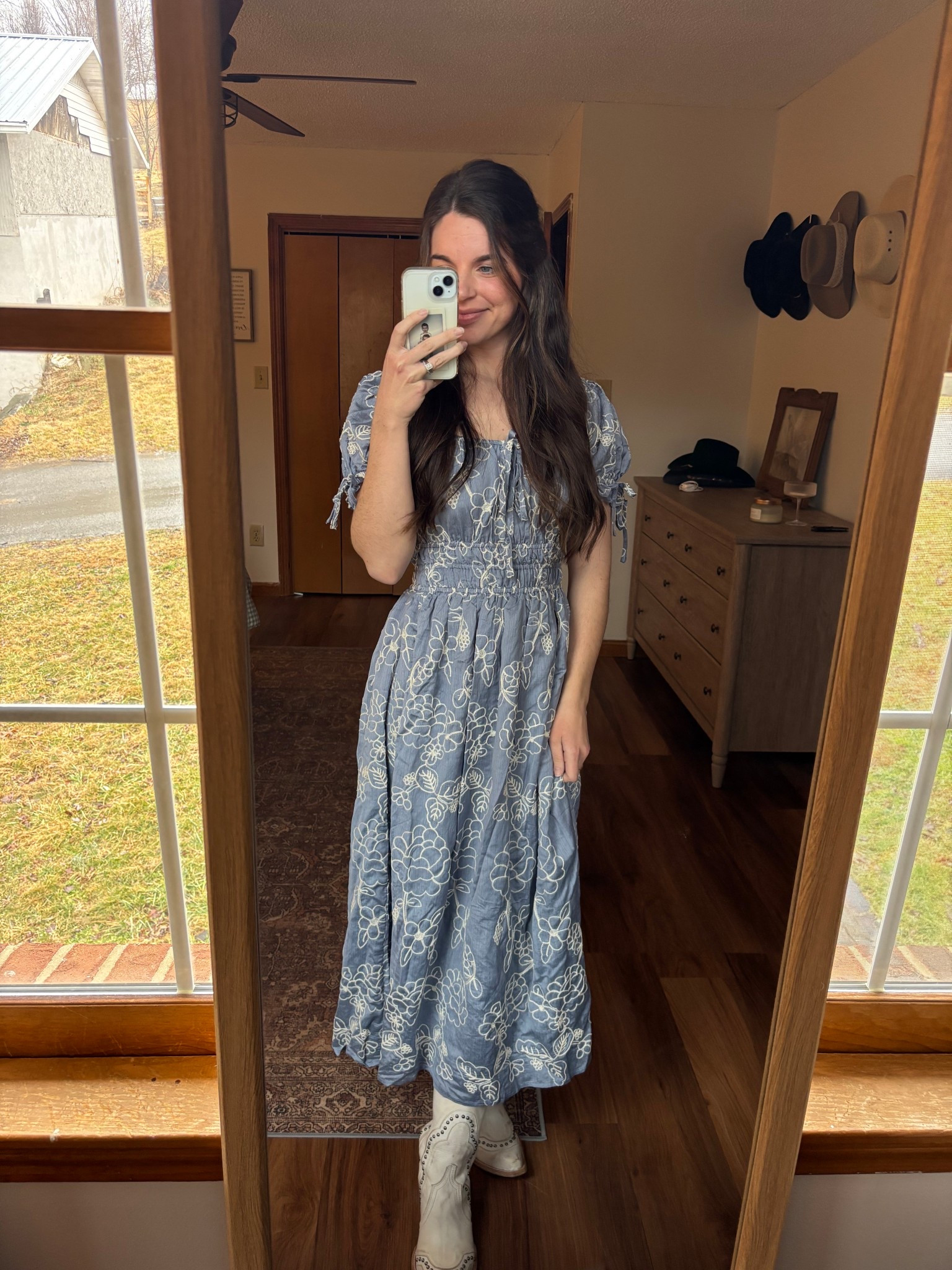 Love the details on this dress! The prettiest blue color and the white stitching in the floral pattern makes this dress so versatile! I think it’s so fun with a pair of white boots for spring! Perfect church outfit! Full coverage bust!

#LTKmomlife #LTKdayinmylife #LTKootd