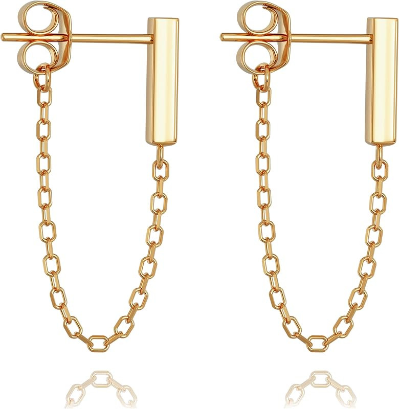 925 Sterling Silver Gold Chain Earrings - Bar Drop Line Chain Dangle - Small Cute Staple Bar Cable S | Amazon (US)