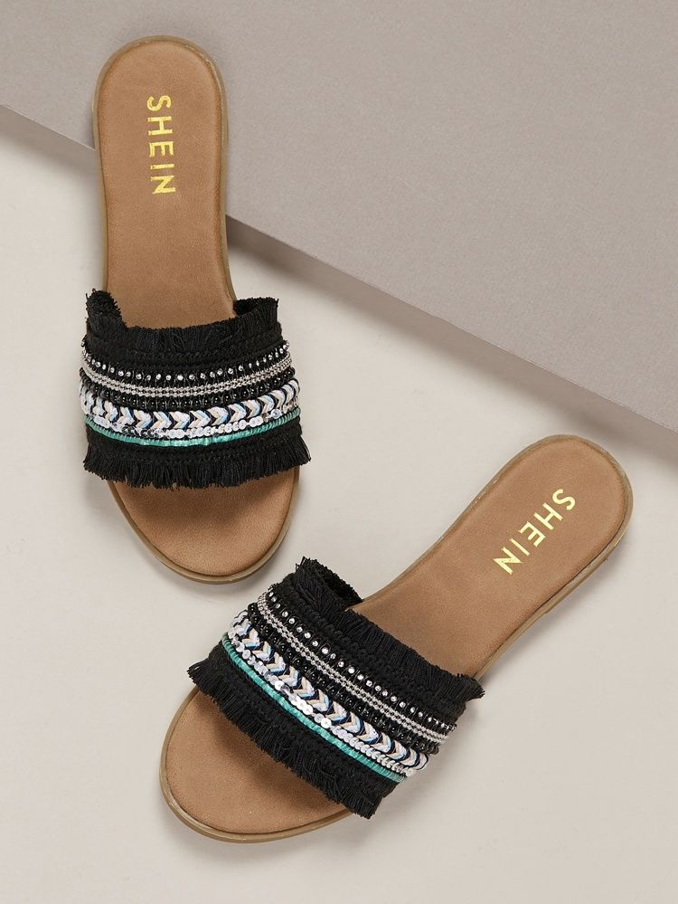 Fringe And Sequin Band Flat Slide Sandals | SHEIN