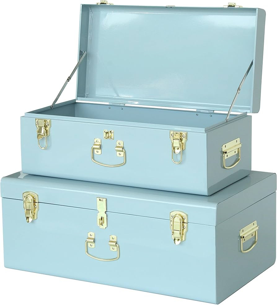 Vixdonos Metal Trunk Decorative Storage Box Set of 2 College Dorm Chest with Handle (Light Blue) | Amazon (US)