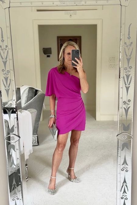 The color of the year is perfect for New Year’s Eve!
Hot pink one shoulder mini dress, 
silver evening  shoes 
Fits TTS I am wearing a size small

#LTKHoliday #LTKstyletip #LTKunder100