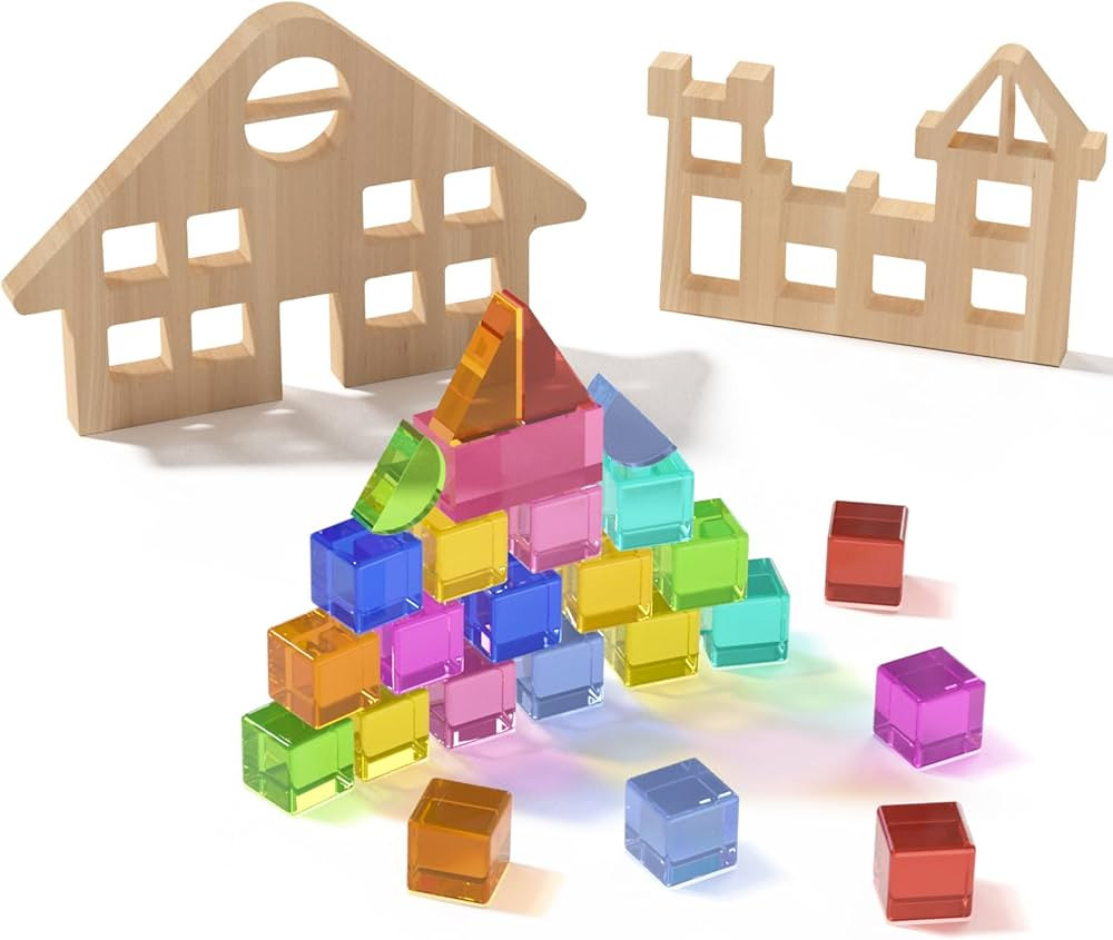 BESFAN Building Blocks Set, Acrylic Rainbow Gem Cubes Stacking Toy with 2 Wooden Castle, Montesso... | Amazon (US)