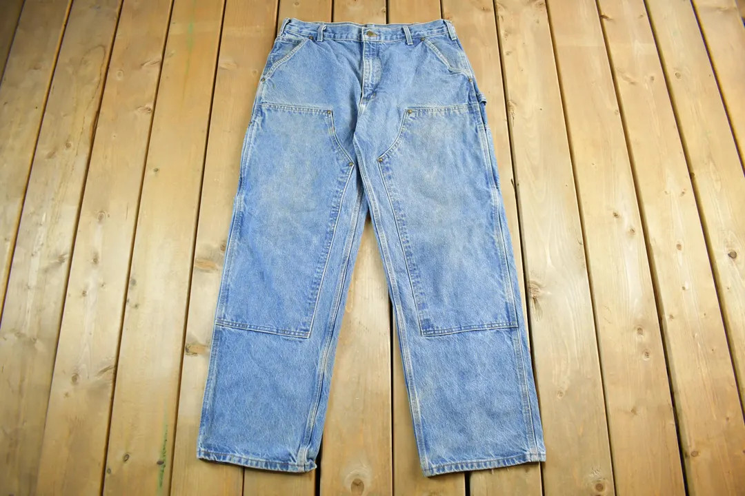 Vintage 1990s Carhartt Distressed Double Knee Denim Work Jeans Adult 34 x 30 / Made in USA / Unio... | Etsy (US)