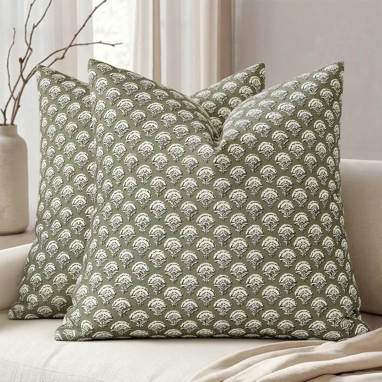 MIULEE Set of 2 Decorative Floral Pillow Covers Neutral Vintage Throw Pillows Block Print Boho Fa... | Amazon (US)