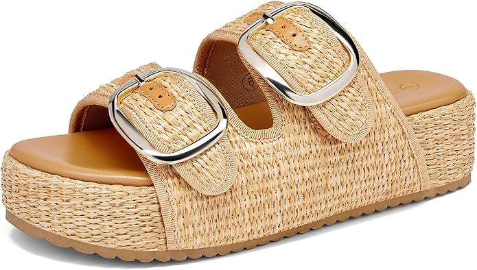 Coutgo Womens Platform Sandals Raffia Espadrilles Two Band Open Toe Slip On Slides Beach Vacation... | Amazon (US)