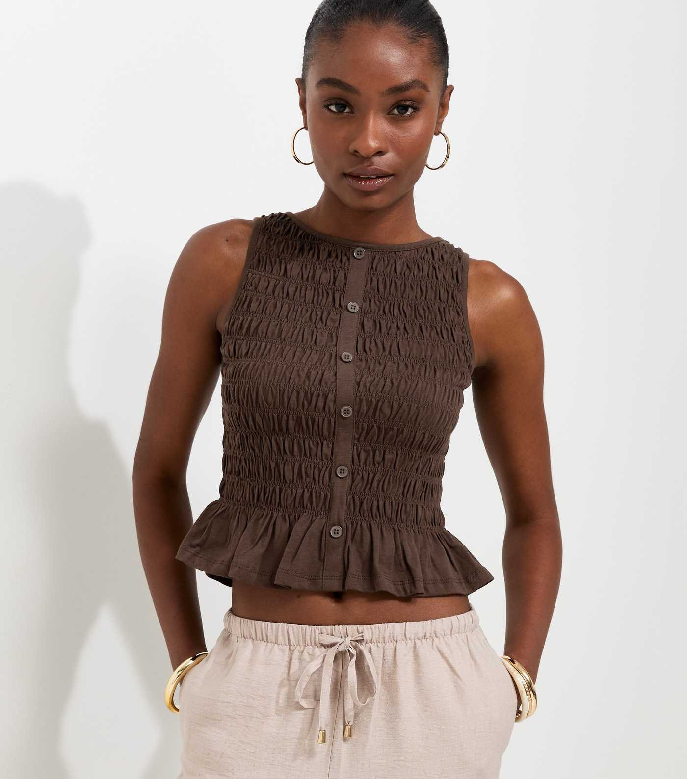 Dark Brown Cotton Faux Button Shirred Flared Hem Top | New Look | New Look (UK)