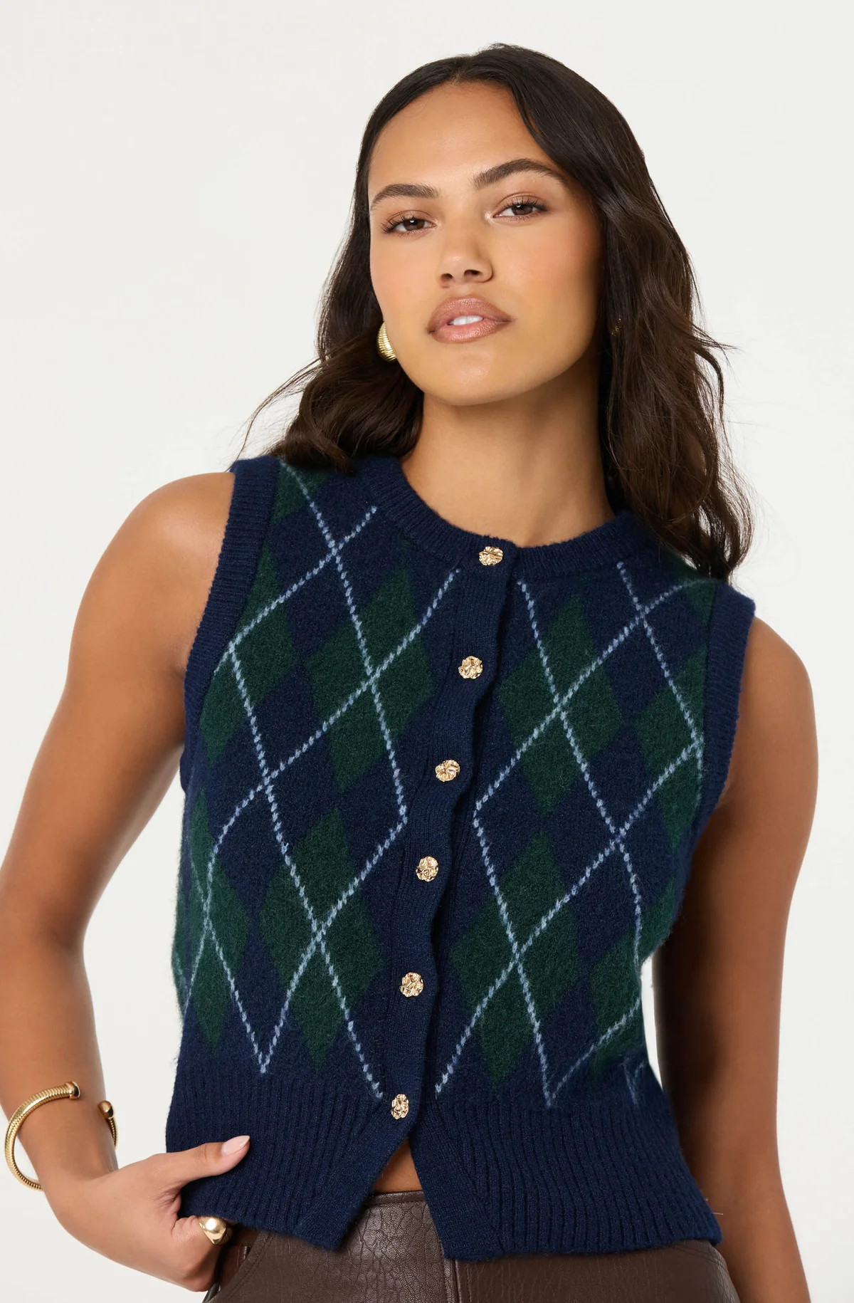 Abbie Argyle Sweater Vest - Green blue argyle / XS | ASTR The Label (US)