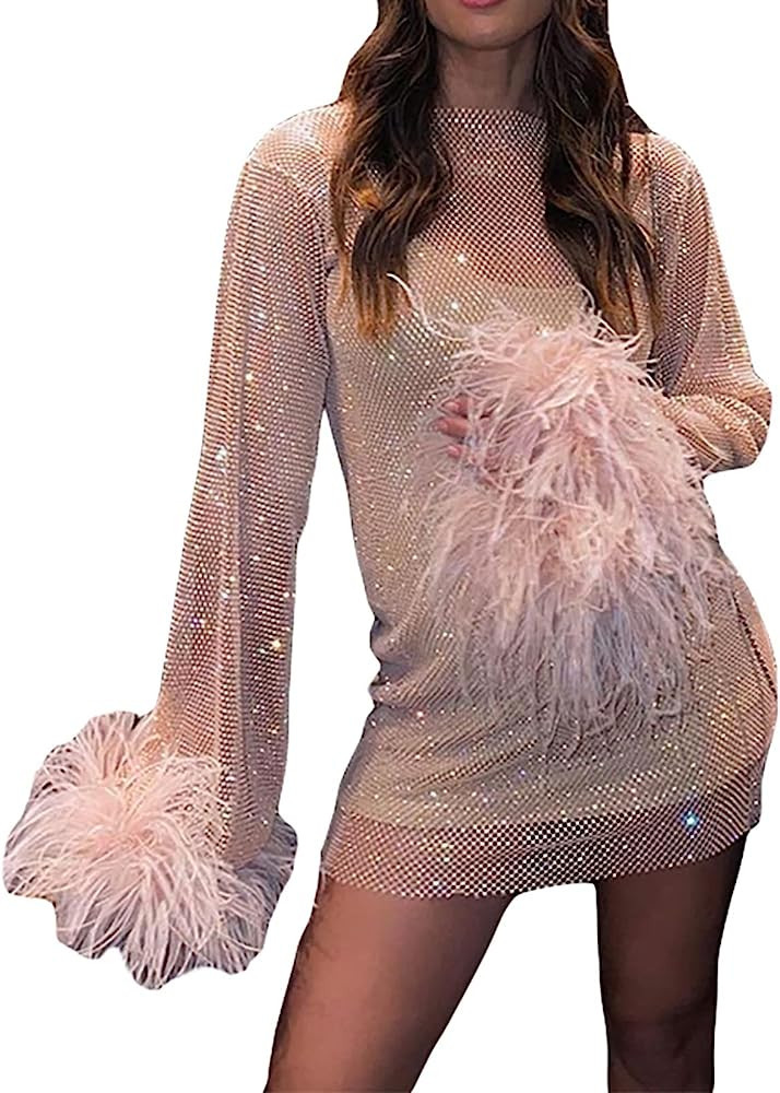 SOLILOQUY Women Sexy Cocktail Party Dress Long Sleeve Sparkle Hollow OutSee Through Mesh Dress Fe... | Amazon (US)