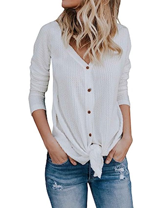 Womens Loose Fitting Henley Shirts Long Sleeve Button Down V Neck High Low Batwing Tops | Amazon (US)