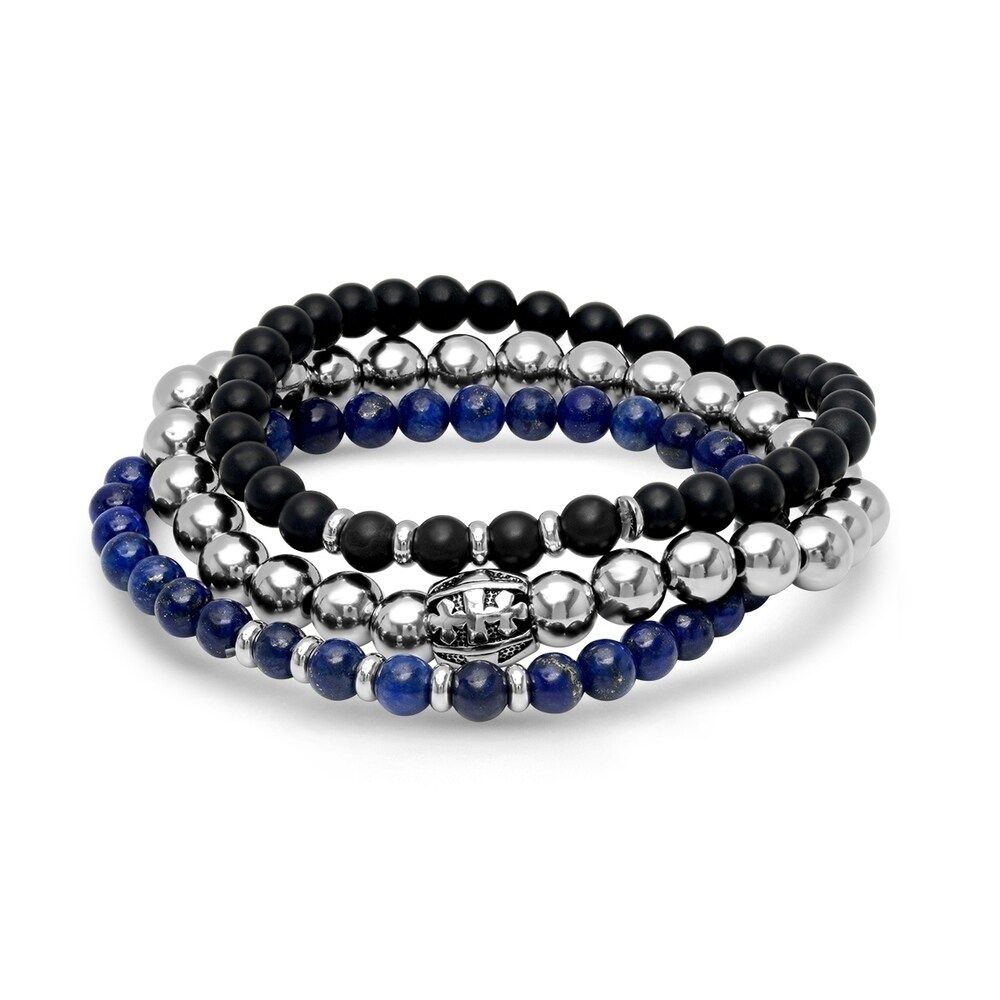 Steeltime Men's Set of 3 Black Lava, Blue Lapis, and Stainless Steel Beaded Bracelets with Cross Bar | Bed Bath & Beyond