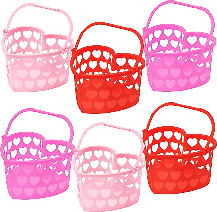 Zcaukya 6 Packs Valentine's Day Baskets, 7.1" x 7.9" x 4.3" Small Plastic Heart Shaped Basket wit... | Amazon (US)