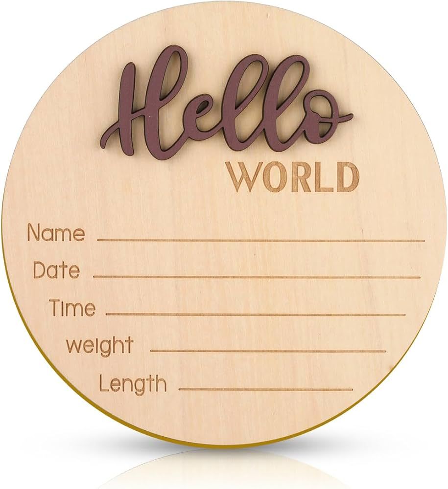 Baby Announcement Sign, 5.9 Inch Wooden Hello World Newborn Welcome Sign Birth Baby Name Plaques ... | Amazon (US)