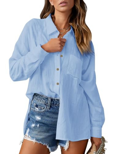 Womens Linen Button Down Shirt Cotton Dress Shirts Long Sleeve Collared Work Blouses Solid Tunic Tops with Pockets Blue,M | Amazon (US)