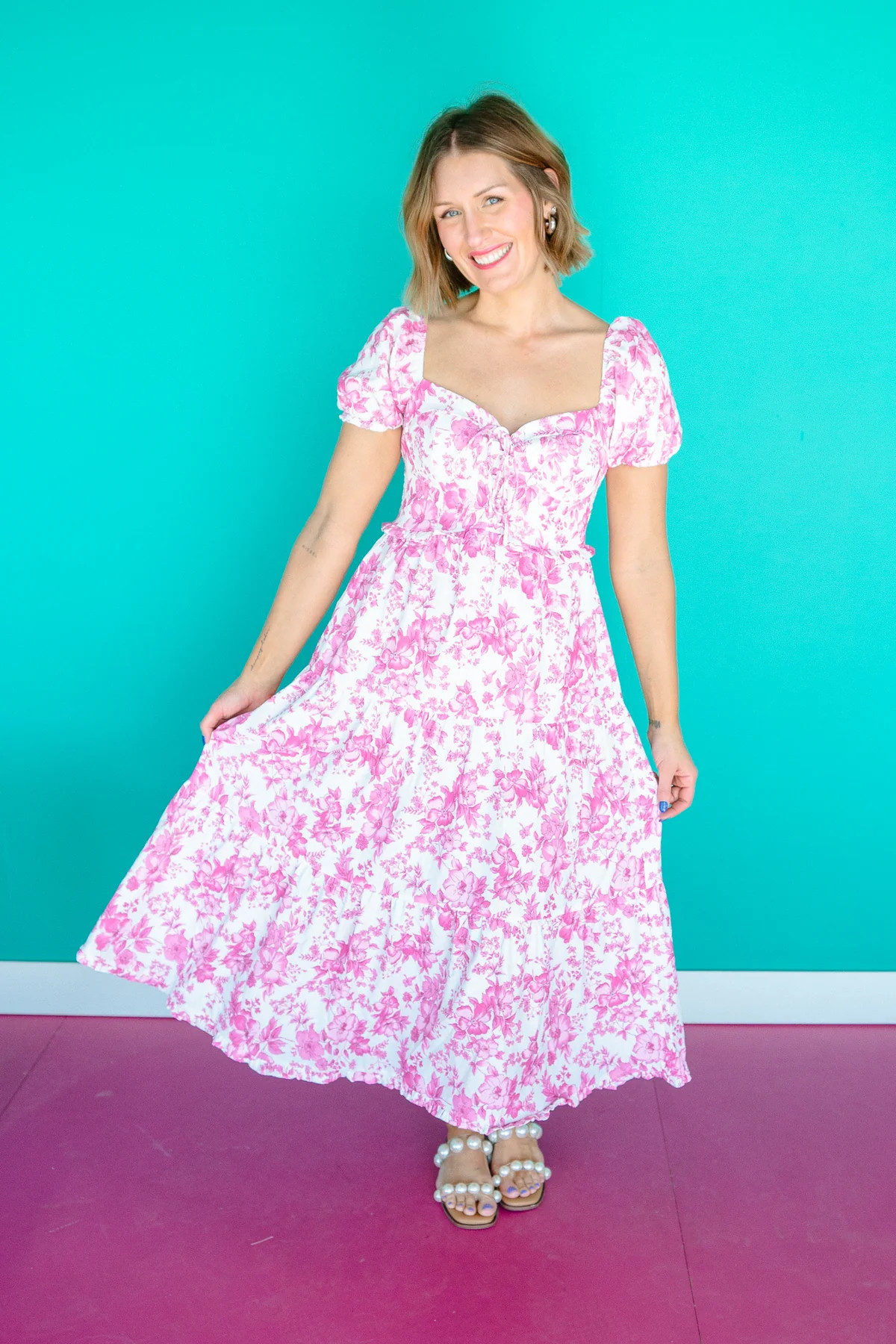 Parker Sweetheart Neck Tiered Midi Dress - Soft White + Cyclamen | MyEllement Boutique