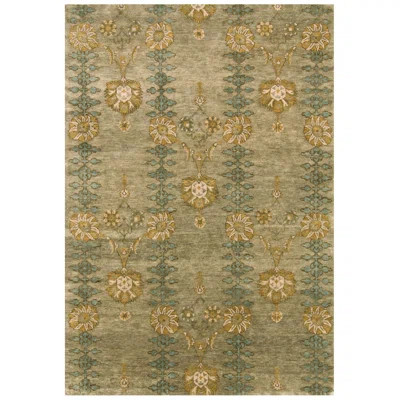 Rectangle Floral Hand-Knotted Wool Area Rug in Gray/Blue/Yellow | Perigold