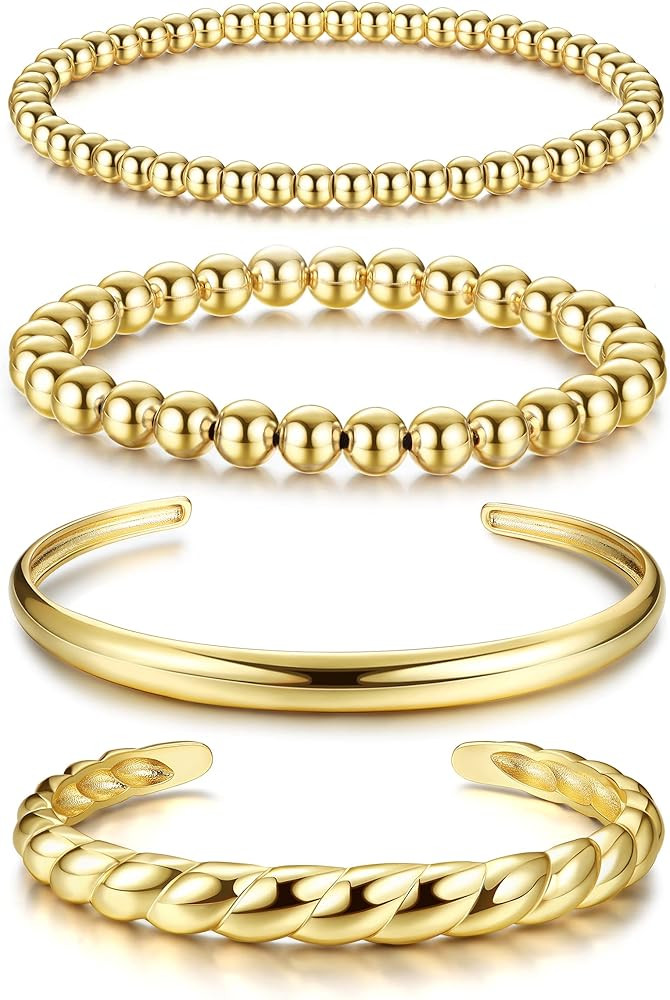 Fansilver 14K Gold Bracelets for Women Trendy Bangle Cuff Chain Bracelets Set Gold Plated Papercl... | Amazon (US)
