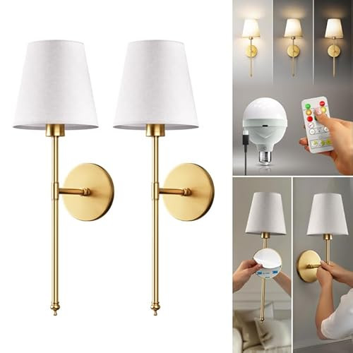 PRIDOLA Set of 2 Wireless Wall Sconces – Stick-On or Screw Mount - Rechargeable LED Bulbs, Remote Controlled, Adjustable Brightness & Warmth, Easy Installation, Living Room Wall Decor (Gold) | Amazon (US)