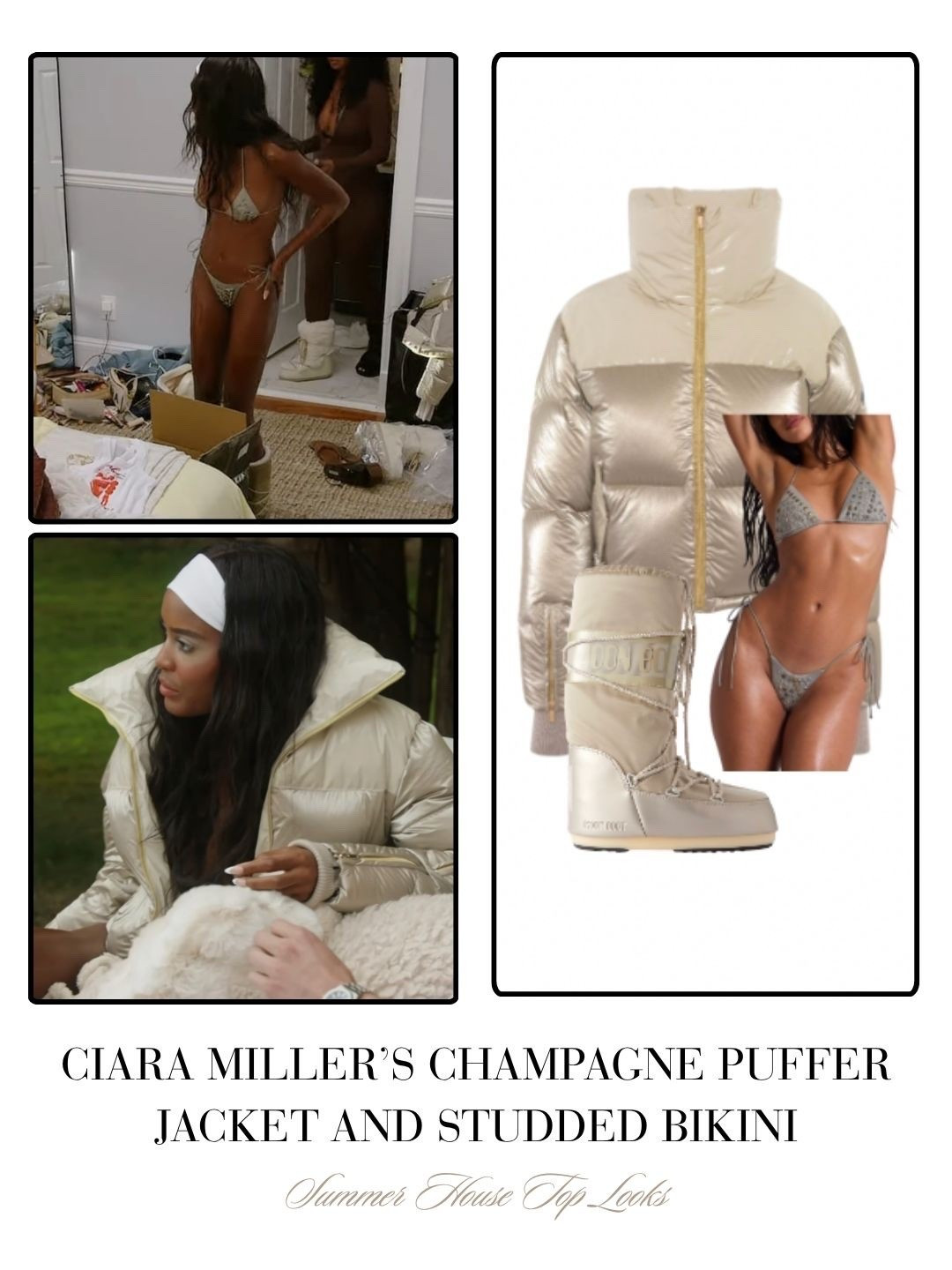 Ciara Miller’s Champagne Puffer Jacket and Studded Bikini // Sold by My Sunday Ski & Jadded London