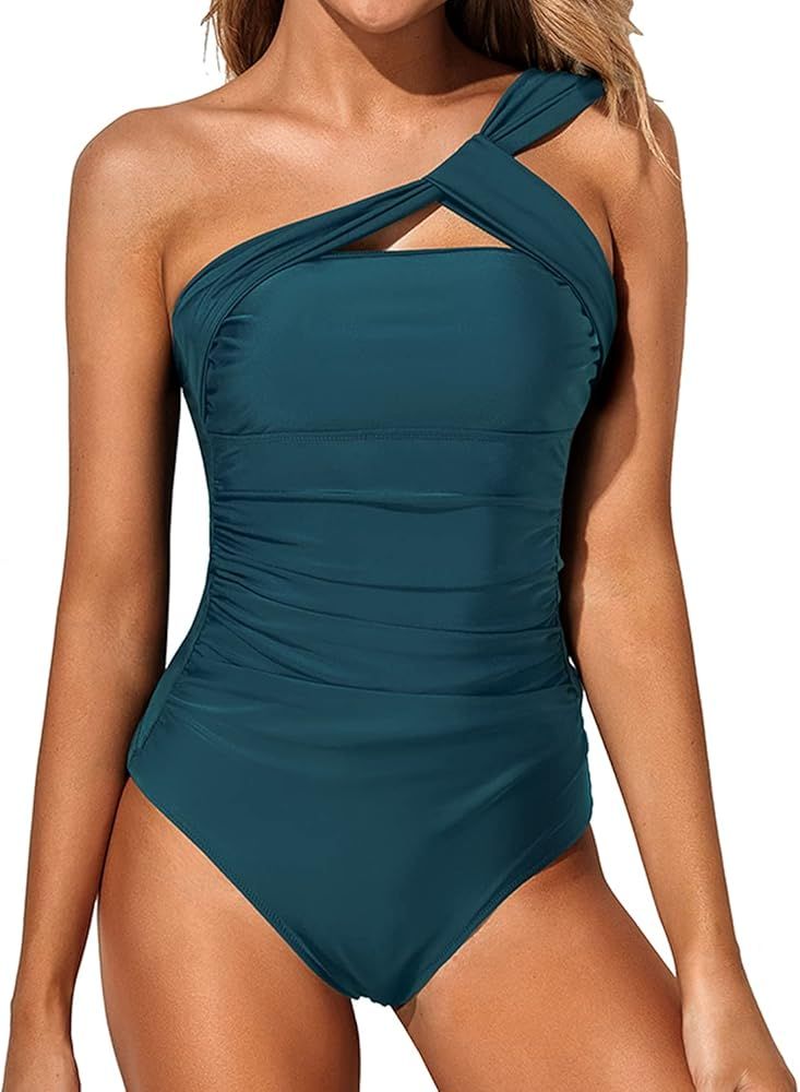 Holipick Women One Shoulder One Piece Swimsuits Tummy Control Bathing Suits Asymmetric Ruched Swi... | Amazon (US)