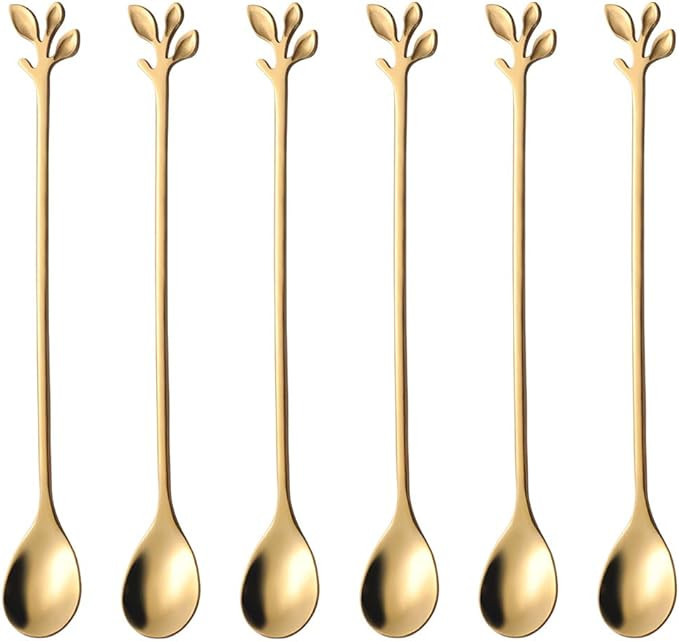AnSaw 6.5" Elegant Leaf-Design Gold Coffee & Tea Spoons Set of 6- Long Handle Stainless Steel Sti... | Amazon (US)