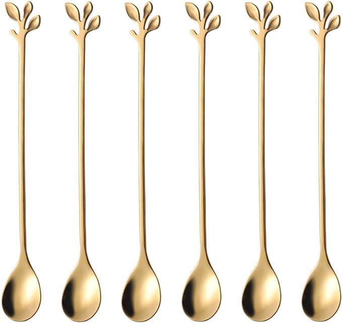 AnSaw Small 6.5-Inch Leaf Coffee spoon set, 6 Pcs Gold Stainless Steel Teaspoons | Amazon (US)