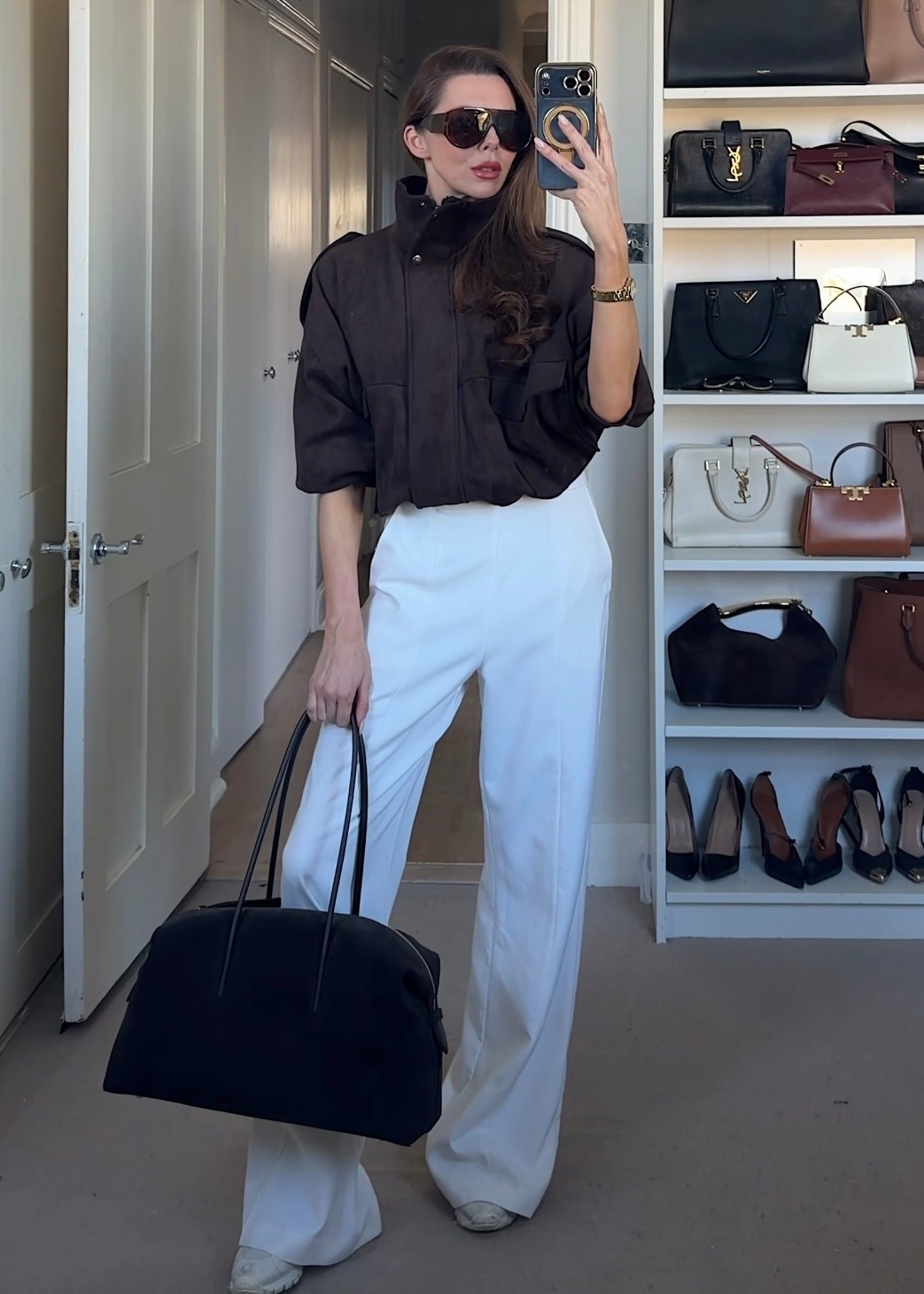 White tailored trousers, brown suede jacket Zara, white leather trainers, brown suede tote Demellier, oversized aviator sunglasses.  

Easy smart casual outfit, neutral outfit ideas, everyday chic style, minimal capsule wardrobe look, elevated basics outfit, running errands outfit but make it polished.  

Perfect for a relaxed day in the city when you still want to look put together ✨

#LTKspring #LTKuk #LTKeurope