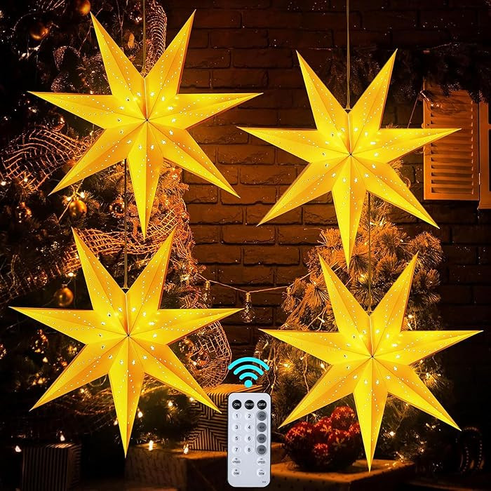 Hiboom 4 Pack Paper Star Lantern 24 Inch, 8 Mode 50 LEDs Firework Fairy String Lights, Seven Poin... | Amazon (US)