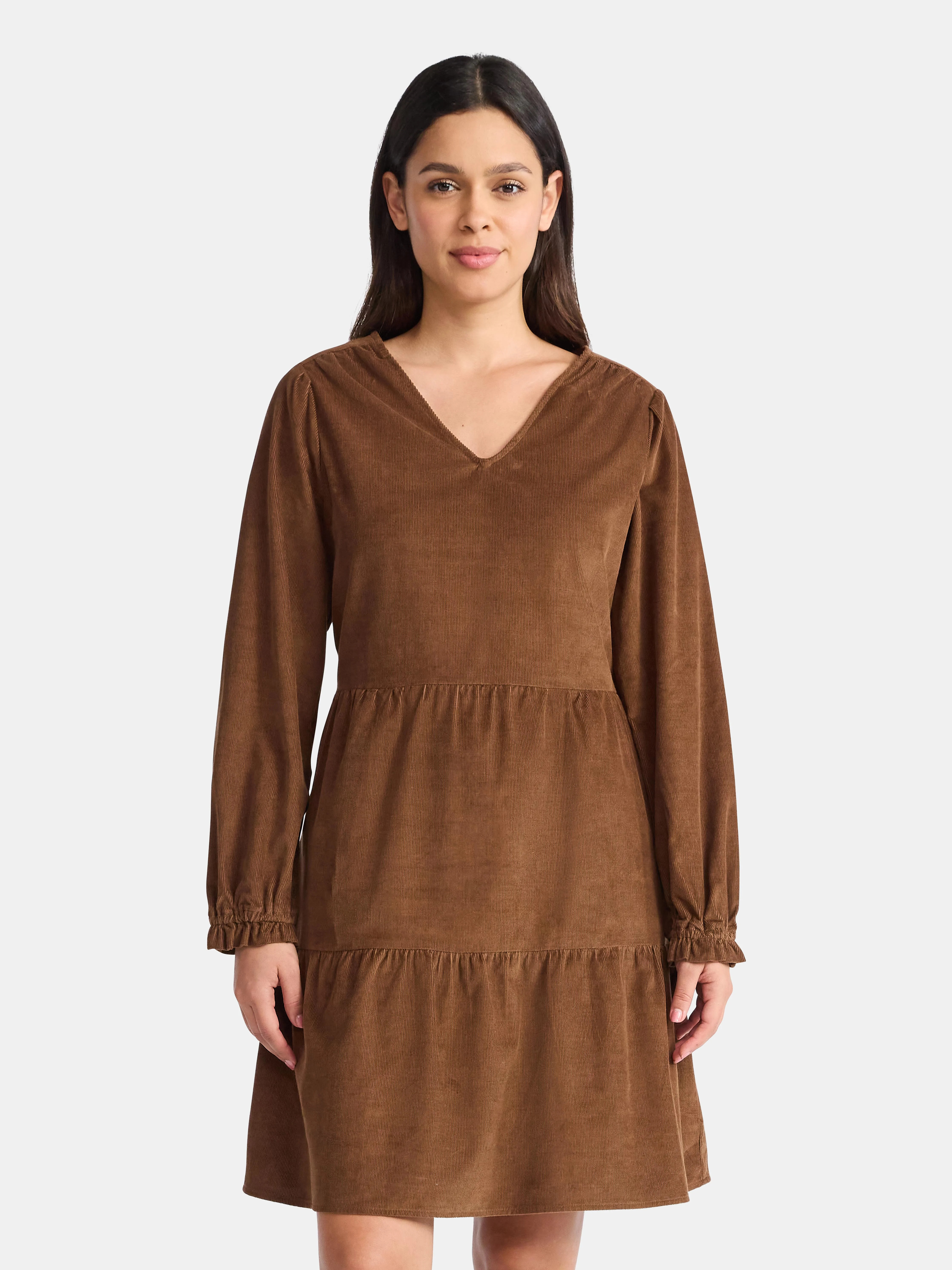Time and Tru Women's Tiered Corduroy Dress with Long Sleeves, Sizes XS-XXXL | Walmart (US)