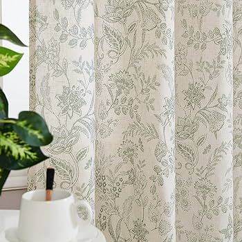 Lazzzy Linen Curtains Farmhouse Green Floral Print Curtains 84 Inches Long Back Tab Drapes for Li... | Amazon (US)