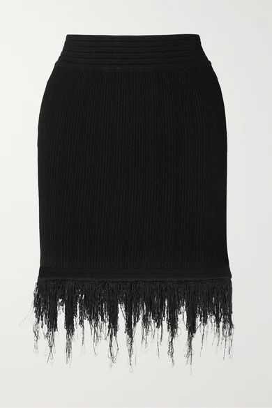 Balmain - Fringed Ribbed-knit Mini Skirt - Black | NET-A-PORTER (US)