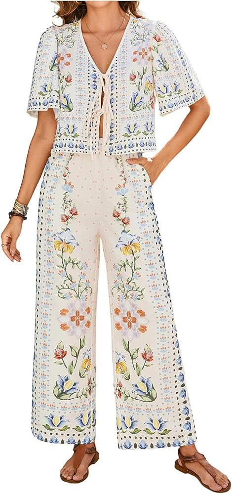MakeMeChic Women's Boho 2 Piece Outfit Floral Pants Set Vacation Short Sleeve Tie Front Blouse an... | Amazon (US)