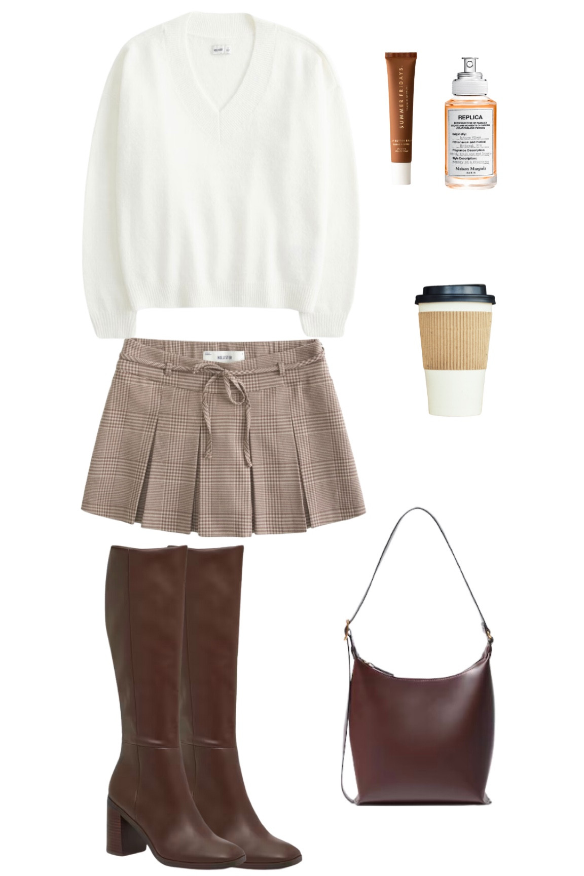 This fall outfit blends cozy and classic elements for an effortlessly chic look. A soft, ivory V-neck sweater pairs perfectly with a high-waisted plaid pleated mini skirt, offering a preppy and polished feel. Knee-high brown leather boots add sophistication and practicality, while a structured dark brown handbag completes the earthy, autumnal palette. Accessories like a to-go coffee cup, neutral-toned lip balm, and a soft fragrance evoke a stylish, on-the-go vibe perfect for a crisp fall day. Abercrombie, hollister, dolce vita, dsw, Sephora, New York City girl outfit

#LTKSeasonal #LTKFindsUnder100 #LTKFallSale