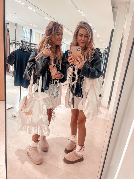 Black leather jackets, white balloon style / puff ball  ☁️☁️💭💭 and our uggies w/ our white oversized satin bags of our brand @prettypiecesbysiss shoppable on our website www.bySiss.com
Wearing the jackets in the biggest size;) #oversized we love 🫶🏻🫶🏻 #streetstyle #twins #styleideas spring style, white look  

#LTKU #LTKstyletip #LTKfindsunder100